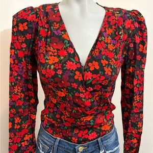 Astr Multicolor Floral V-Neck Bartlett Bodysuit Blouse Small NWT